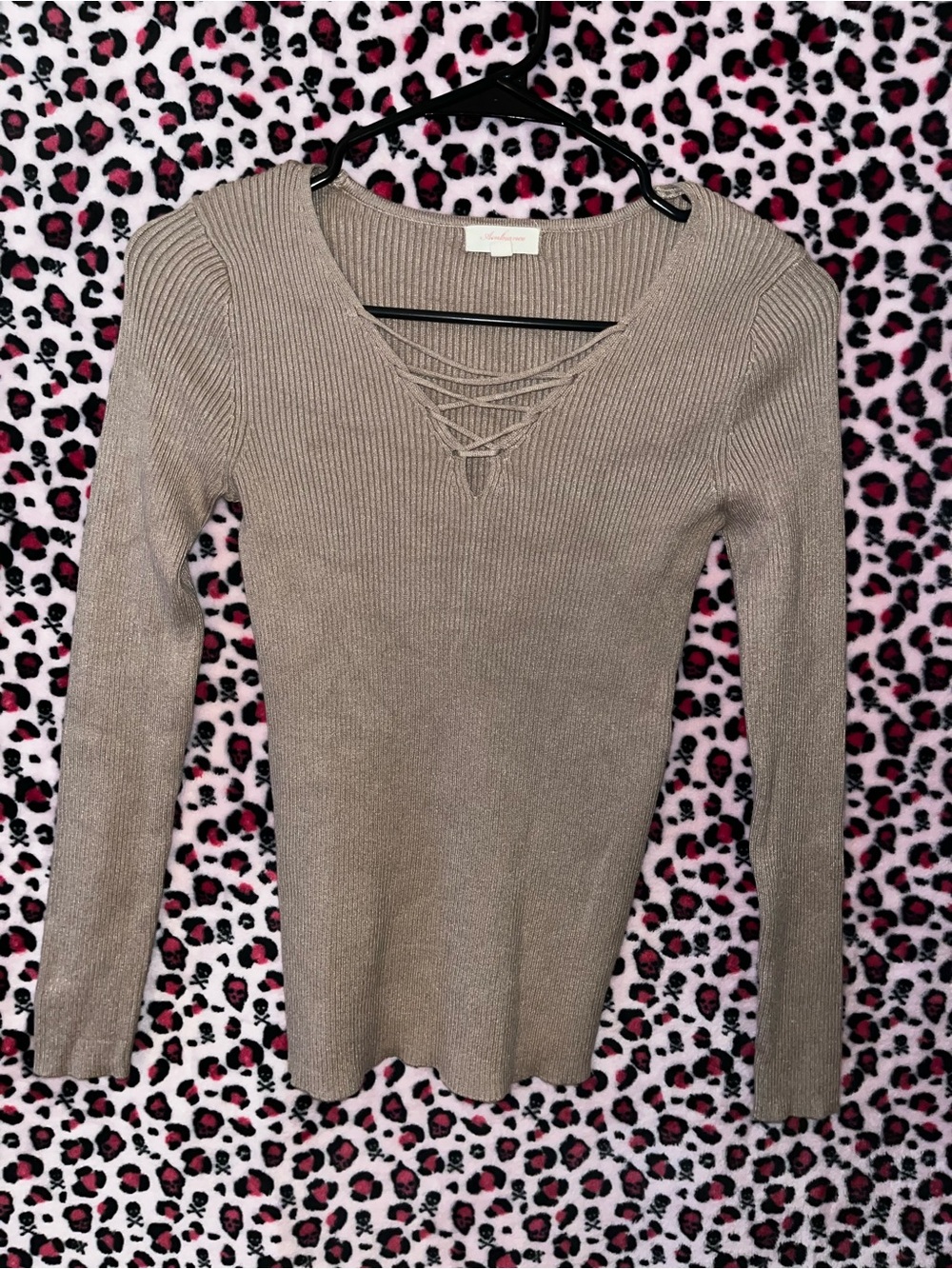 Ambiance Taupe Ribbed Long Sleeve Lace-Up V-Neck Top
